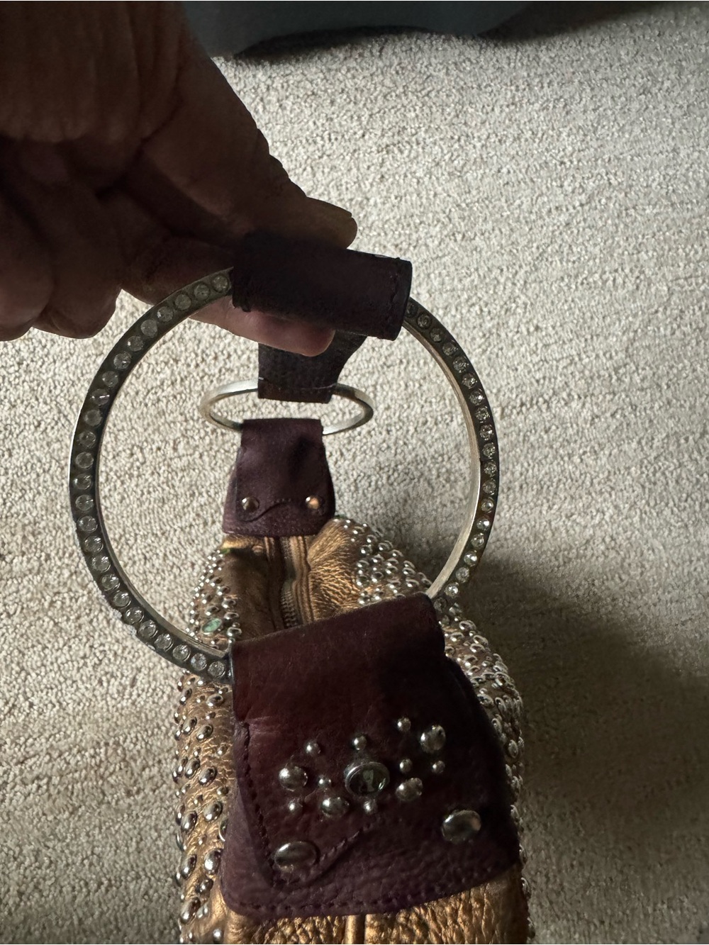 Y2K G Series Cole Haan Bronze Leather Studded Crystal Hobo Shoulder Bag - Picture 8 of 16
